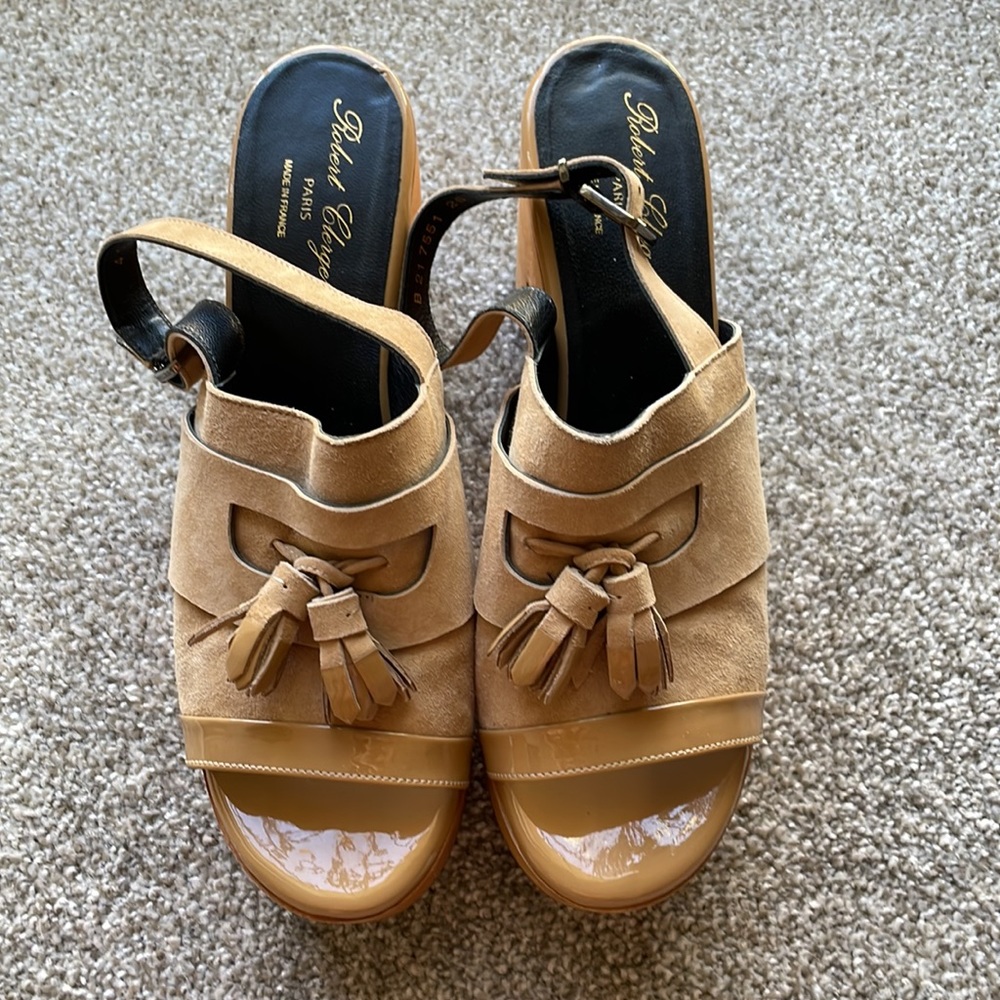 Robert Clergerie Suede Tassel Platform Wooden Sandals - Picture 1 of 16